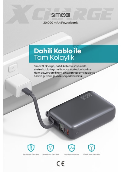Simex 20.000 Mah 22.5w Hızlı Şarj Pd Powerbank Kendinden Kablolu Ve Dijital Göstergeli Taşınabilir Cihazı Standart