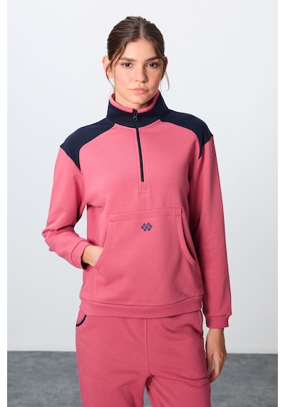 Tommy Life Yaban Gülü Kompakt Pamuklu Kalın Pürüzsüz Dokulu Dik Yaka Oversize Fit Kadın Eşofman Takım - 95342 Turuncu