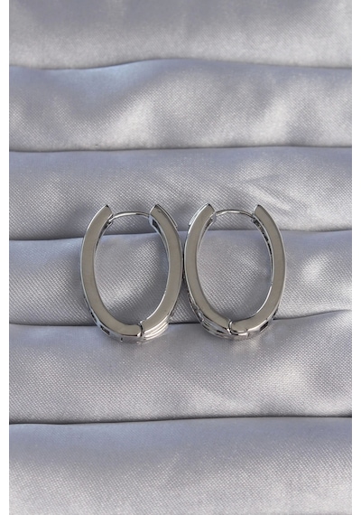 Pirinç Gümüş Renk Zirkon Taşlı Oval Model Küpe Çok Renkli