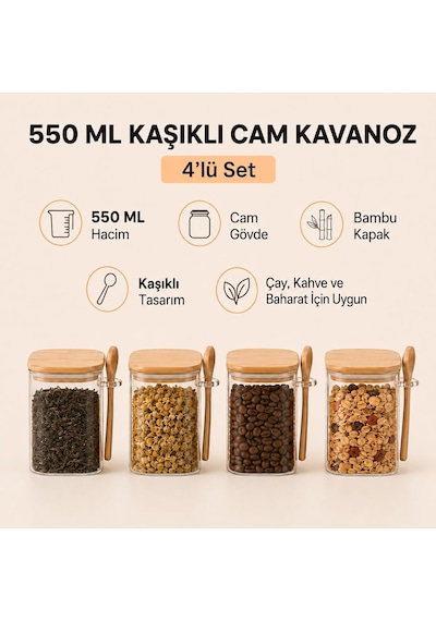 550 Ml Kaşıklı Cam Kavanoz 4'lü Set, Bambu Kapaklı Şeffaf Cam Saklama Kabı, Çay Kahve Şeker Baharat Kuruyemiş Kavanozu, Mutfak Düzenleyici Kaşıklı Baharatlık Seti Çok Renkli 550 Ml Kaşıklı Cam Kavanoz 4'lü Set, Bambu Kapaklı Şeffaf Cam Saklama Kabı, Çay Kahve Şeker Baharat Kuruyemiş Kavanozu, Mutfak Düzenleyici Kaşıklı Baharatlık Seti Çok Renkli