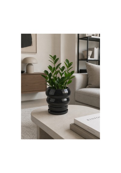 Bubble Seramik Saksı Parlak Siyah Çap:22 Cm Yük:20 Cm Tabaklı