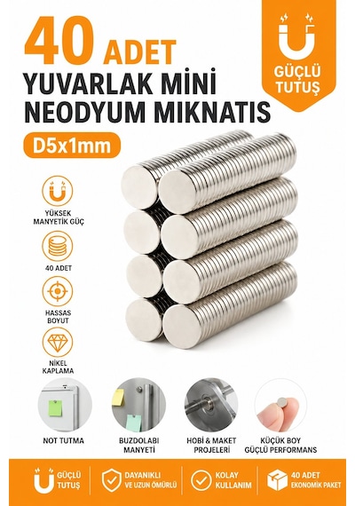 40 Adet 5x1 Yuvarlak Mini Neodyum Mıknatıs Magnet - Çap 5mm X Kalınlık 1mm