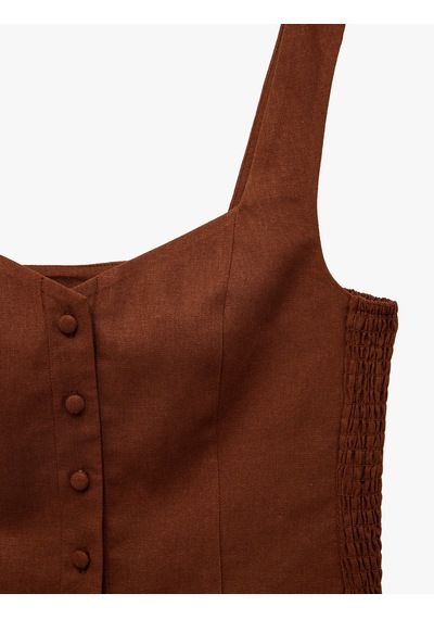 Koton Slim Fit Kalın Askılı Yanları Gipe Detaylı Düğmeli Crop Keten Yelek Kahverengi 6sak30001pw Kahve