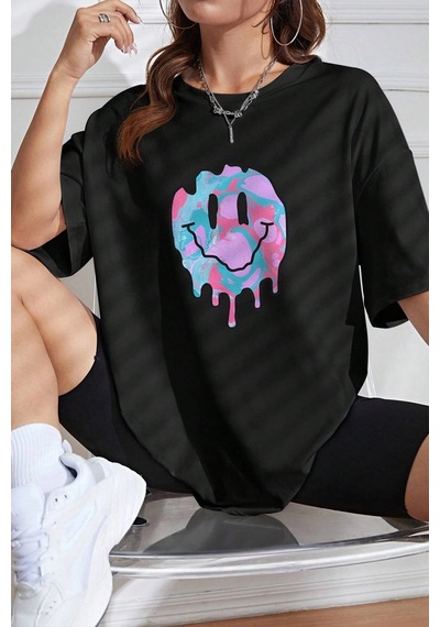 Unisex Smile Baskılı Tasarım Tshirt Siyah