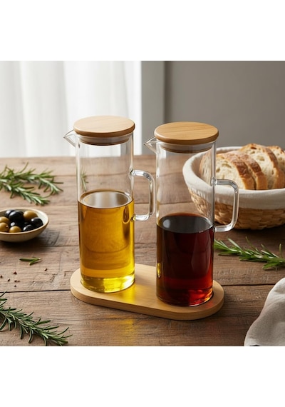 Deconox 2'li Şeffaf Cam Yağdanlık Ve Sirkelik Seti - Bambu Kapaklı Ve Özel Standlı Masaüstü Yağlık 190 Ml Diğer