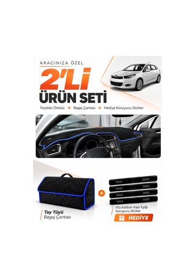 E-biz Cıtroen C4 2011-2020 Uyumlu Torpido Örtüsü + Tay Tüyü Bagaj Çantası - Siyah-mavi - Cı008