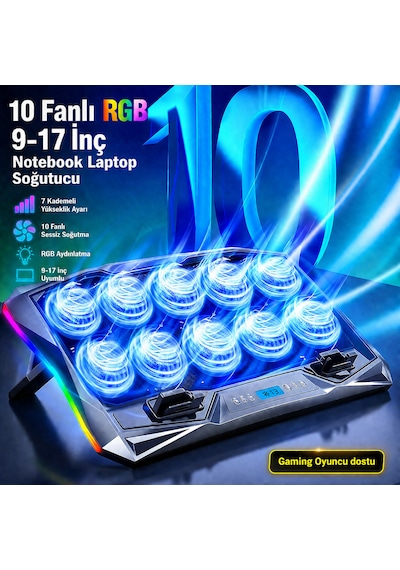 Rgb Işıklı 10 Fanlı Lcd Ekranlı Notebook Laptop Soğutucu Yükseklik Ayarlı 9-17 İnç 2 Usb Girişli Soğutucu