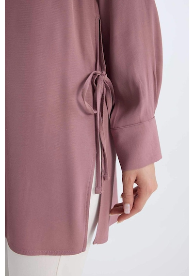 DeFacto Relax Fit Gömlek Yaka Yandan Bağlamalı Uzun Kollu Basic Düz Gömlek Tunik D7200AX24WNBR94 Bordo