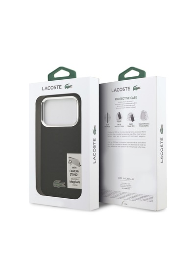 Apple Uyumlu iPhone 17 Pro Kılıf Lacoste Lisanslı M-safe Şarj Özellikli Pu Standlı Metal Logolu Siyah