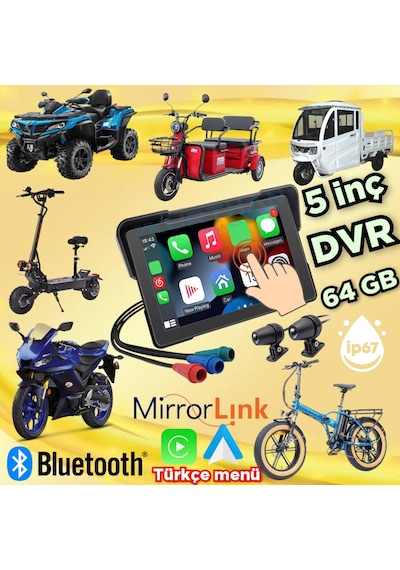 2 Tekerli Araçlar İçin 5'' Dvr Monitör + Ön Ve Arka Kamera Carplay Ve Android Auto