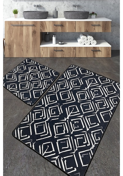 Cenero Banyo Halısı Djt 2 Li Set Banyo Halısı Paspas Yıkanabilir Kaymaz Beyaz - Siyah