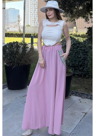 WeShaya Kadın Pudra Beli Lastikli, Cepleri Hasır İşlemeli, Rahat Kesim, Uzun Kiloş Etek Pembe