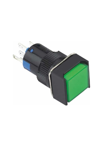 16Mm Yeşil Ledli Yaylı Buton 5P (Kare) 10V-30V