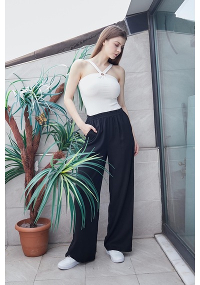 JUMENT %100 Iyocell Akıcı Şık Kumaş Yüksek Bel Beli Lastikli Yan Cepli Bol Paça Pantolon -siyah JUMENT %100 Iyocell Akıcı Şık Kumaş Yüksek Bel Beli Lastikli Yan Cepli Bol Paça Pantolon -siyah