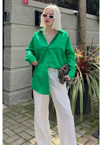 Madmext Yeşil Oversize Basic Cepli Poplin Gömlek Mg1530 Yeşil