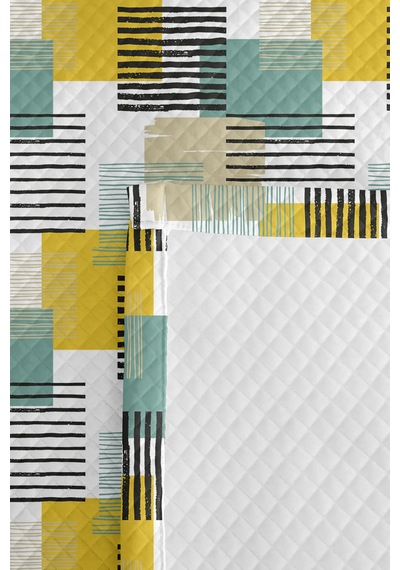 Geometrik Sarı Genç Odası Tek Kişilik Pike Takımı - Mint Çizgili 160x220 Cm Kapitone Yatak Örtüsü Ilık Amber Işıltısı