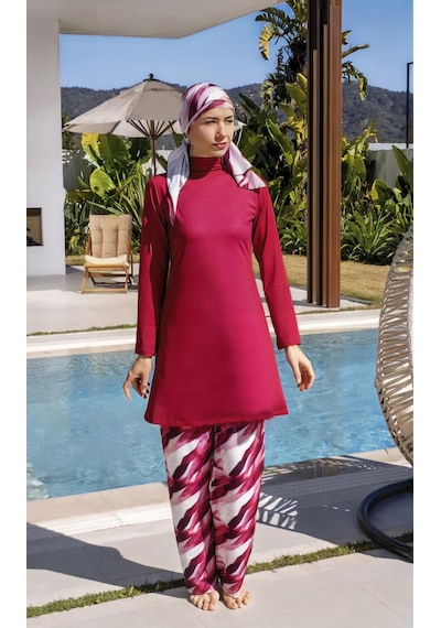 Mayom Bol Pantolonlu Tam Kapalı Desenli Tesettür Mayo - 2535 Bordo