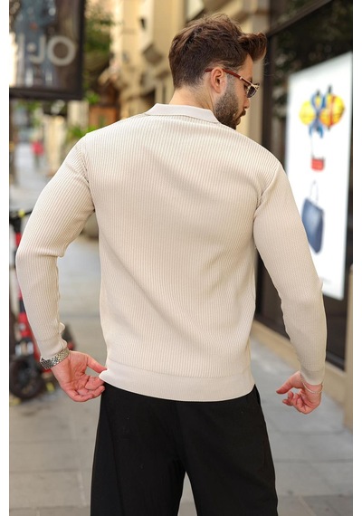 Madmext Taş Rengi Polo Yaka Yarım Fermuarlı Dokulu Erkek Triko Kazak E7510