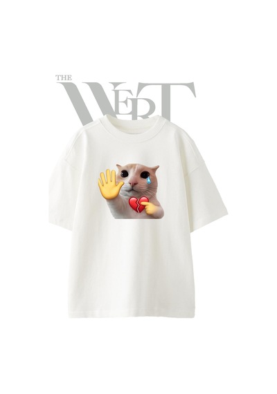 Thewert Crying Cat Meme Tasarım Baskılı Ünisex Beyaz Oversize T-shirt