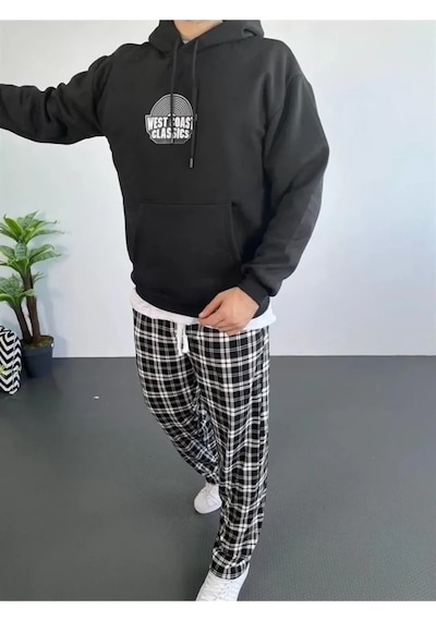 Efnaz Style Erkek Sırt Baskılı Kapüşonlu Üç İplik Oversize Sweatshirt - Siyah