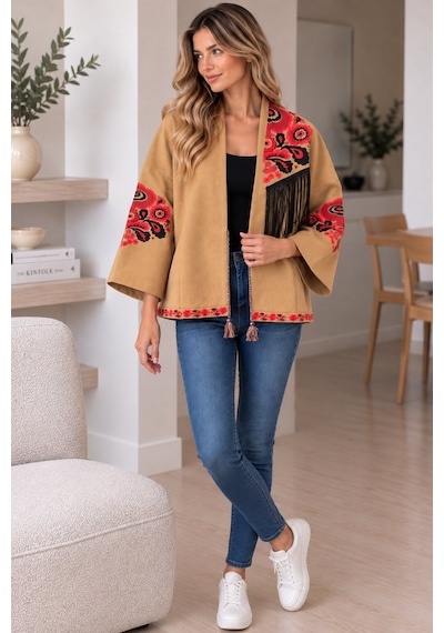 Lima Camel Kadın Nakışlı Ceket Etnik Desenli Püskül Detaylı Kimono Ceket
