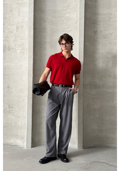 Erkek Oversize Pamuklu Polo Yaka Triko T-shirt Kırmızı