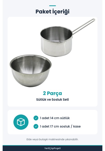 2 Parça Sütlük Ve Sosluk Seti - 14 Cm Ve 17 Cm - Paslanmaz Çelik Gümüş