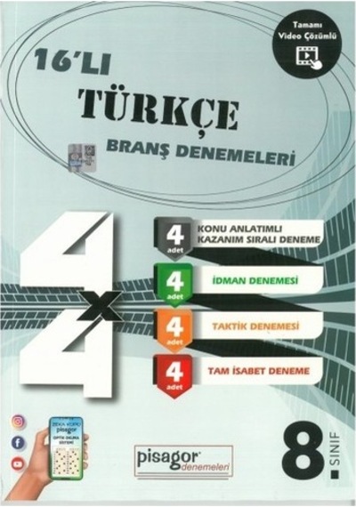 8. Sınıf Pisagor Türkçe 16'lı Branş Denemeleri- Zeka Küpü Yayınları