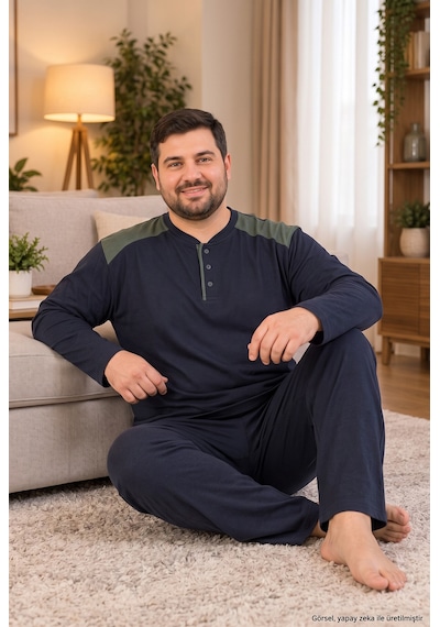 Seboteks İnterlok Kumaş Yakası Düğmeli Uzun Kollu Büyük Beden Erkek Pijama Takımı 8585 Koyu Lacivert
