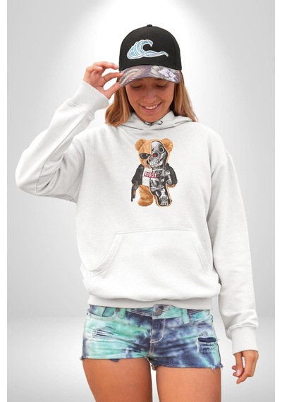 Robot Ayı Güneş Gözlüğü Kadın Erkek Beyaz Kapüşonlu Sweatshirt Hoodie Beyaz