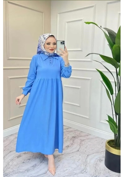 Lovie Moda Kadın Polo Yaka Elbise Mavi