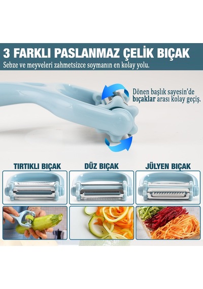 3'ü 1 Arada Patates & Sebze Soyucu Paslanmaz Çelik Bıçaklı, Düz + Tırtıklı + Jülyen Soyma, Ergonomik Sap, Diğer