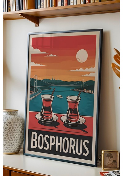 İstanbul Boğazı Tablo - Bosphorus Retro Travel Poster - Çay Keyfi Manzaralı Duvar Dekoru - Çerçeveli Siyah