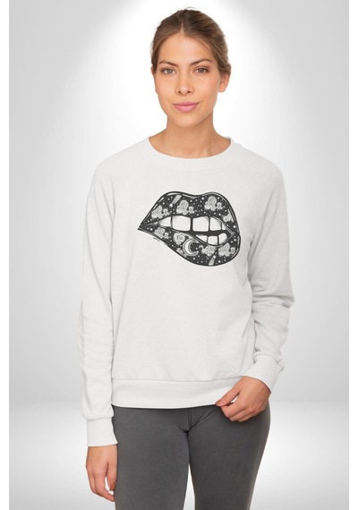 Ay Yıldız Dudak Bulut Dövme Unisex Beyaz Baskılı Sweatshirt Beyaz