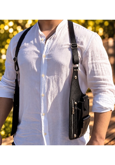 Hemlabel Hakiki Deri Erkek Göğüs Çantası Edc Holster Telefonluk Kişiye Özel El Yapımı Siyah