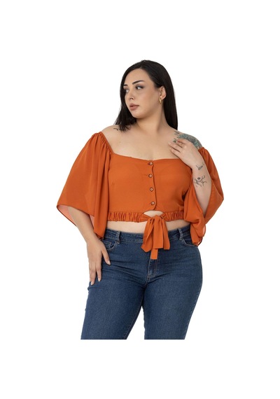 Disentis Büyük Beden Geniş Kollu Beli Lastik Ve Büzgülü Crop Kiremit Bluz-kiremit Kiremit