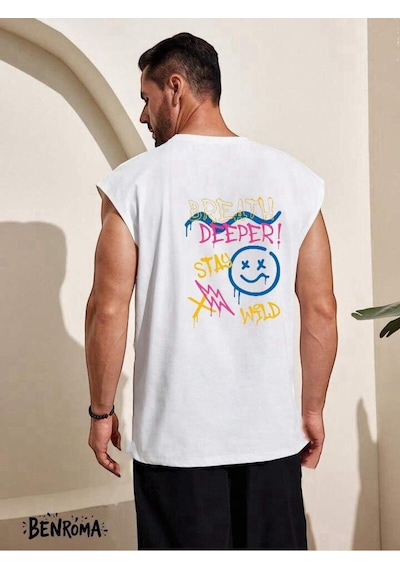 Deeper Stay Baskılı Kolsuz Tişört BEYAZ