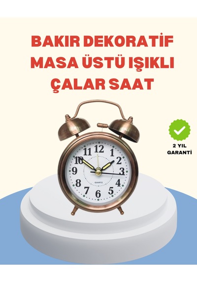 Metal Bronz Nostaljik Masa Saati Alarmlı Büyük Boy Sessiz Mekanizmalı - Lisinya Sarı