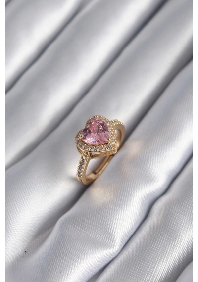 Pirinç Gold Renk Pembe Zirkon Taşlı Charm Kalp Model Kadın Yüzük Çok Renkli