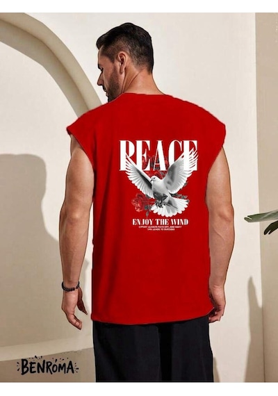 Peace Enjoy The Wind Güvercin Baskılı Kolsuz Tişört Kirmizi
