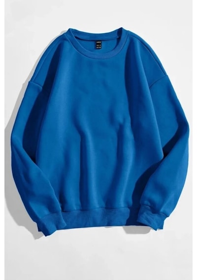 Hırsch Unisex Mavi Oversize Düz Bisiklet Yaka Sweatshirt Mavi