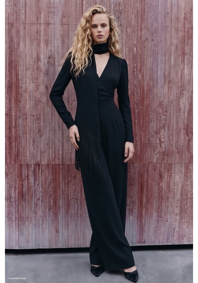 Sateen Püskül Fularlı Krep Tulum - Siyah-138061