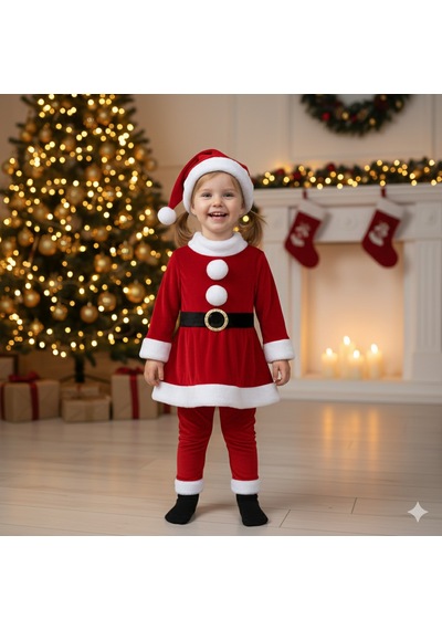 2 3 Yaş Kız Çocuk Noel Baba Kostümü Şapkalı Ve Kemerli Yılbaşı Elbise Seti Diğer