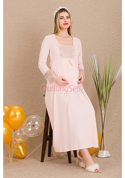 Lady Pembe Renk Dantel Detaylı 33501 Sabahlıklı 2li Hamile Gecelik Takım Set Açık Pembe