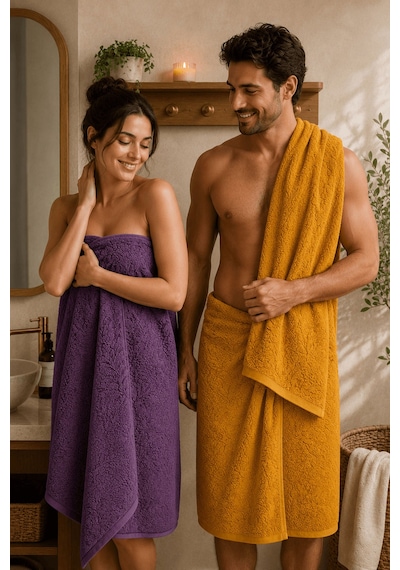 2'li Jakarlı Büyük Boy Banyo Havlusu 90x150 Cm %100 Pamuk Lorea 650 Gr Hardal-mor