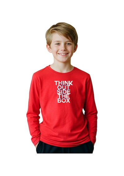 Panios Kids Düz Yuvarlak Yaka Think Out Baskı Detaylı Erkek Çocuk Sweatshirt Kırmızı