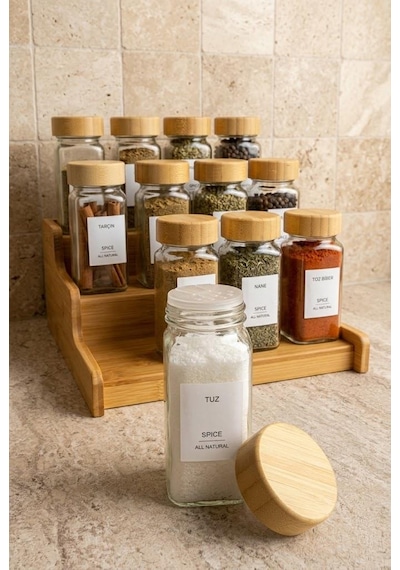 Atbyhome 13 Parça Bambu Standlı Baharatlık Seti - 12 Adet 120 Ml Cam Baharat Takımı Beyaz - Kahverengi