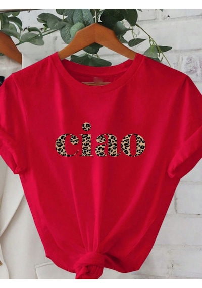 Unisex Pamuklu Ciao Ön Baskılı Tasarım Tshirt Kırmızı