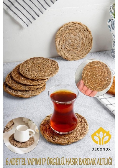 6 Adet El Yapımı Yuvarlak Hasır Bardak Altlığı - Fincan, Çay Ve Kupa Altlığı - 10cm Bej