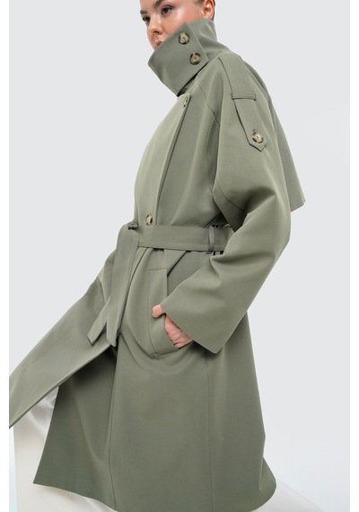Thalure Kadın Açık Haki Dik Yaka Oversize Trençkot